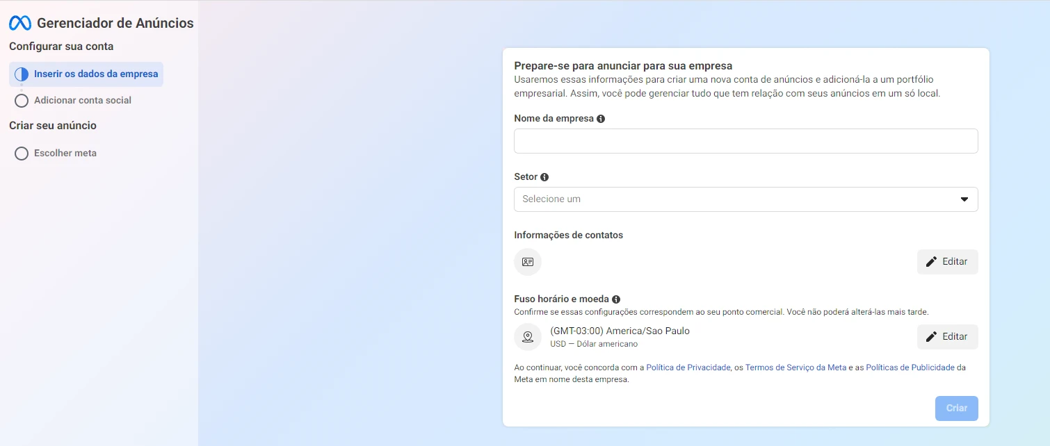 Imagem mostrando a interface do Gerenciador de Anúncios do Meta Ads, onde usuários podem inserir dados da empresa e configurar informações para anúncios.