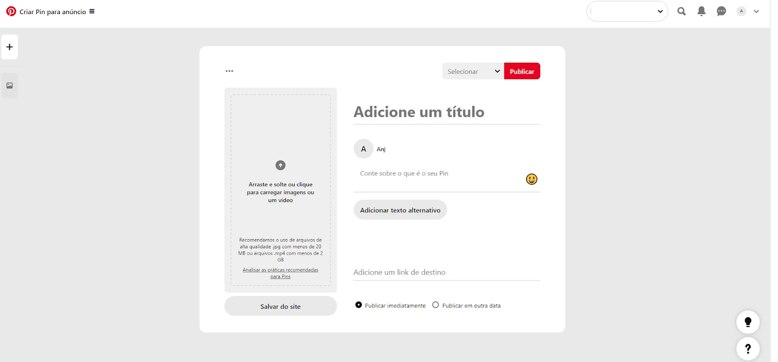 Interface do Pinterest com a opção de adicionar um título e link a um Pin, destacando as instruções e recomendação para melhorar o engajamento.